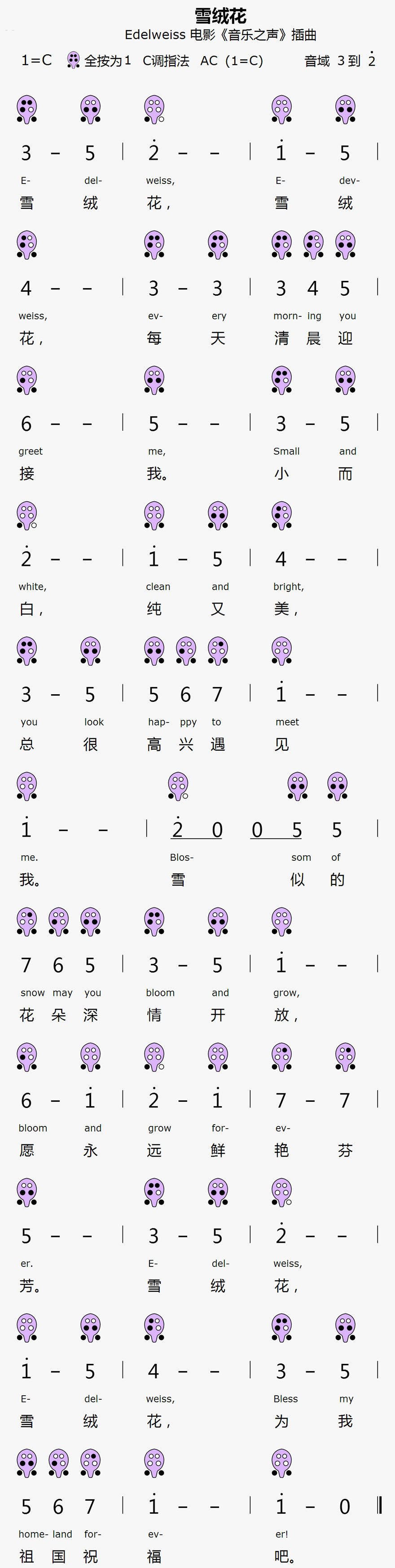 《雪绒花》6孔陶笛曲谱