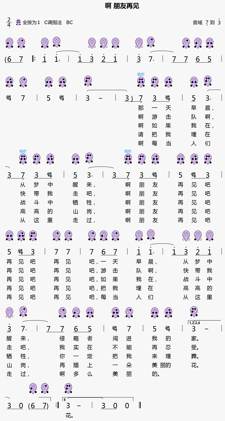 《啊 朋友再见》6孔陶笛曲谱