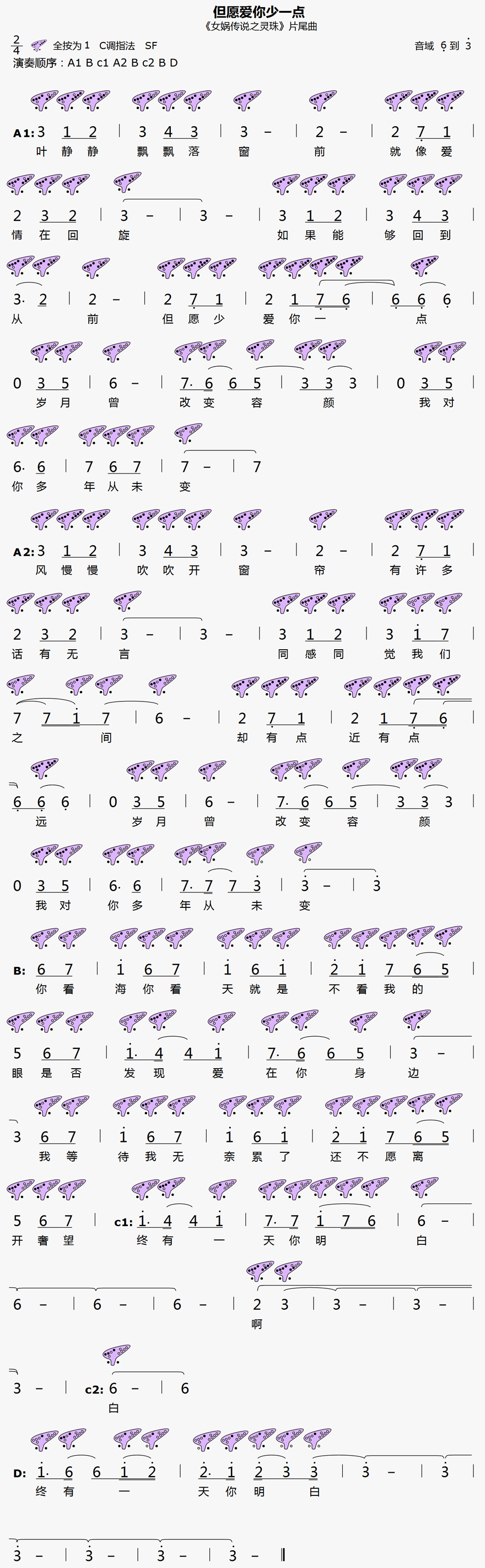 《但愿爱你少一点》12孔陶笛曲谱