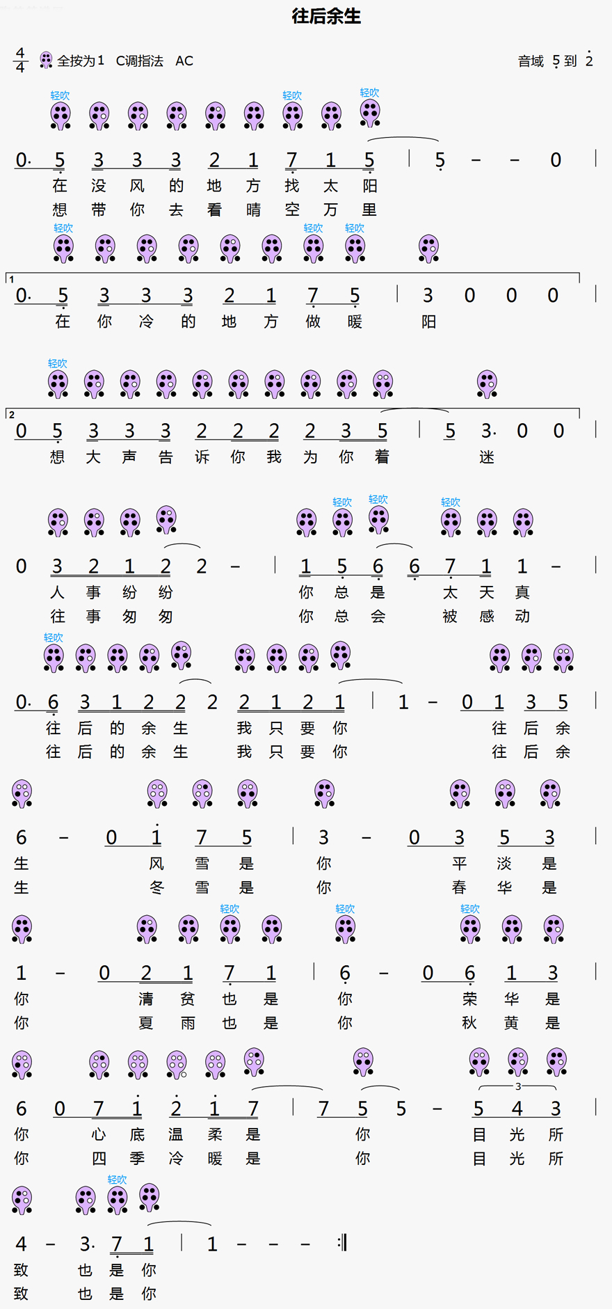 《往后余生》6孔陶笛曲谱