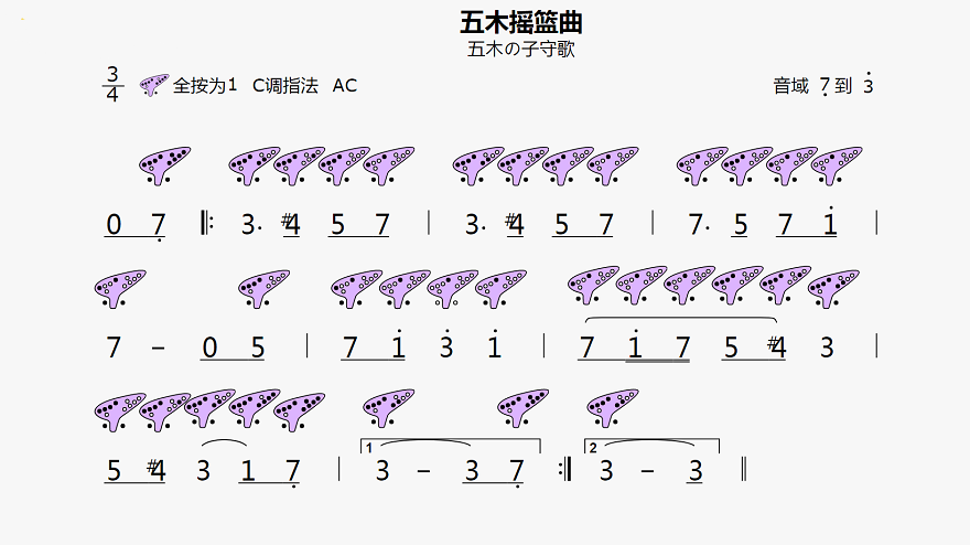 《五木摇篮曲》12孔简谱