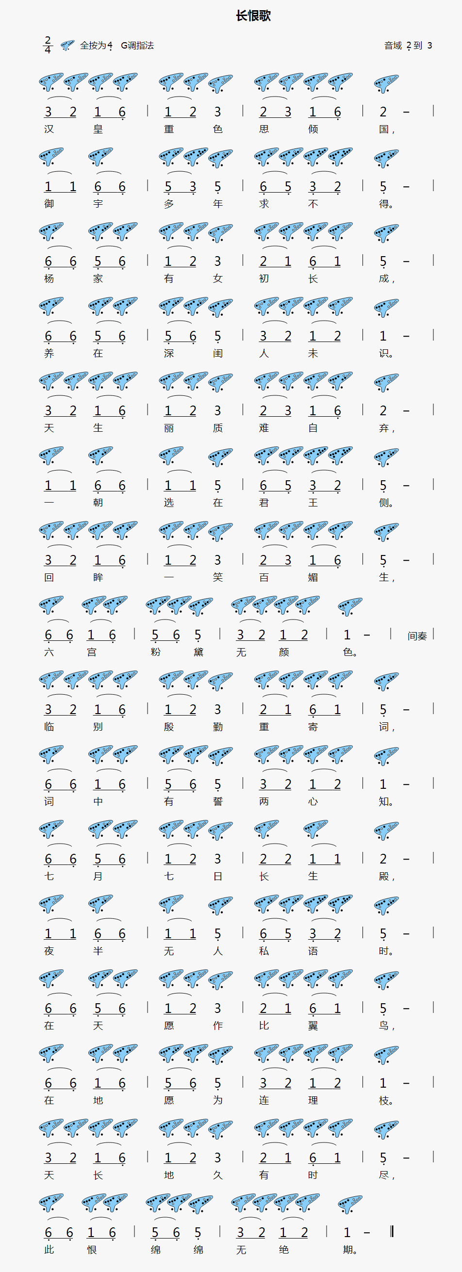 【长恨歌】12孔陶笛曲谱