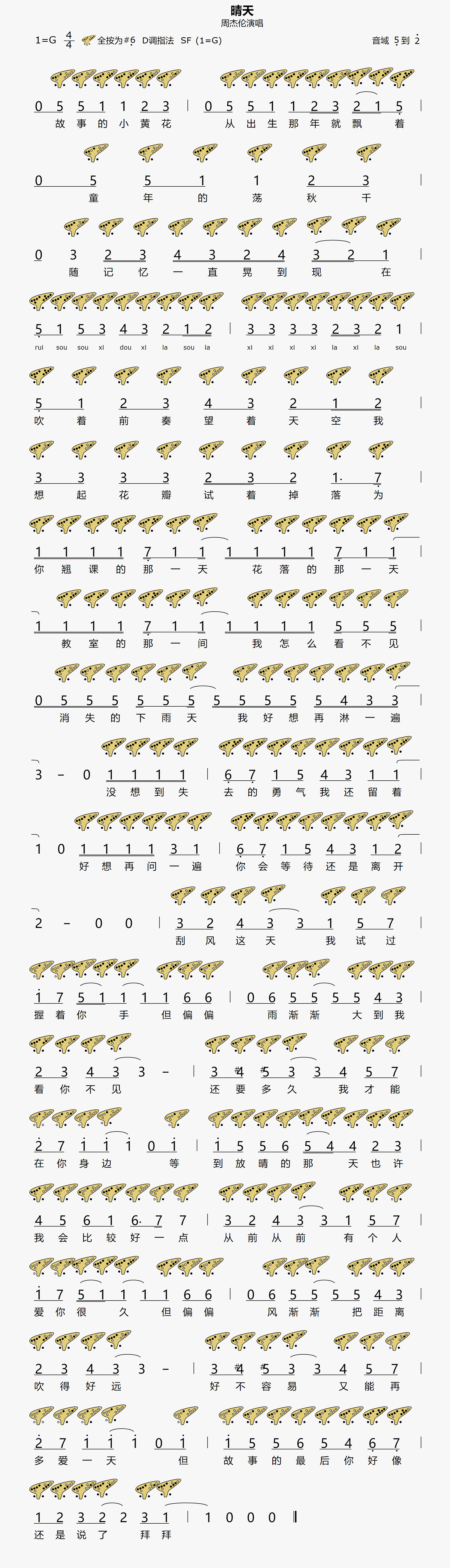 {晴天}12孔陶笛曲谱